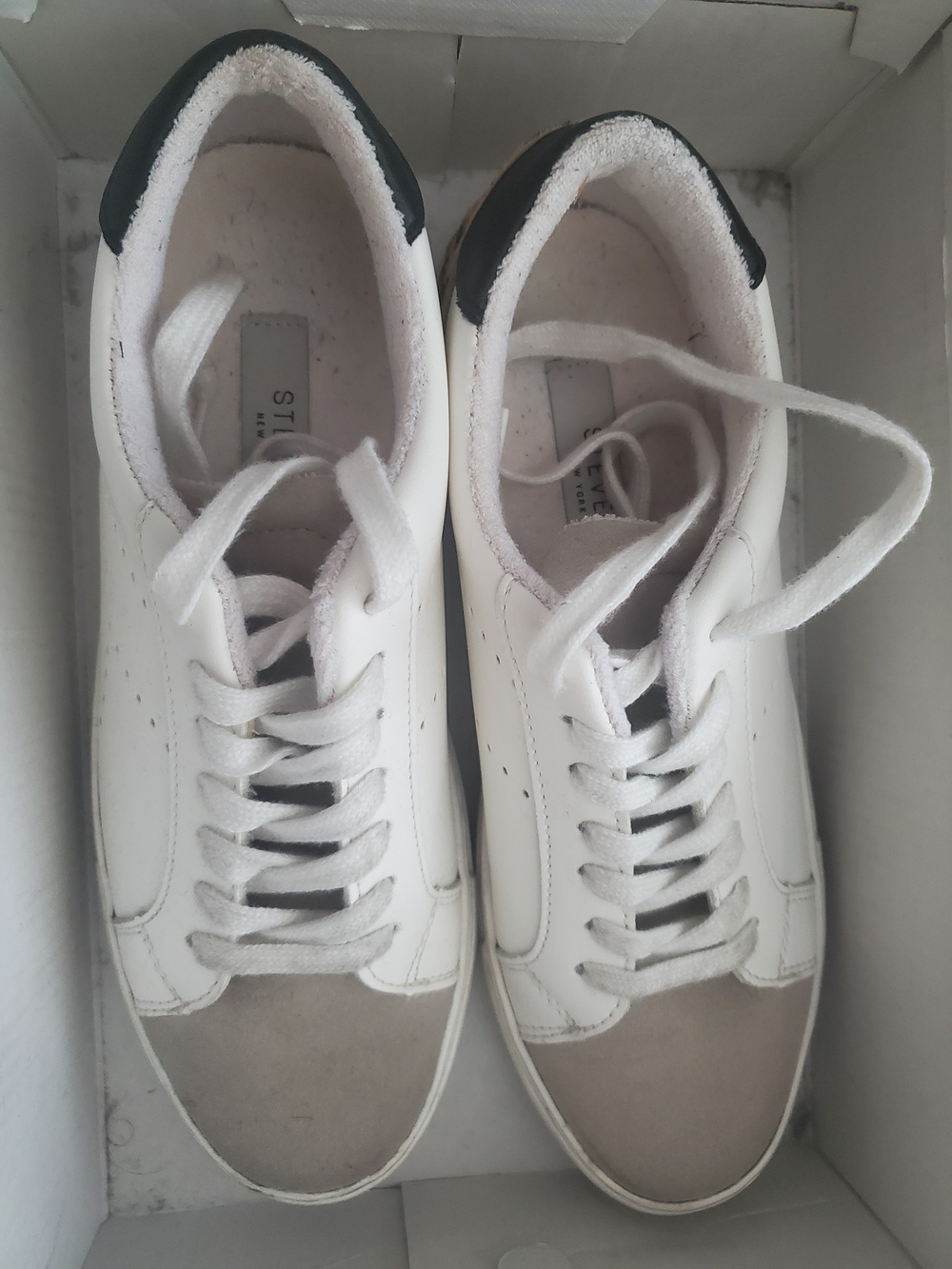Steve Madden White Sneakers with Taupe Toe and Black Heel